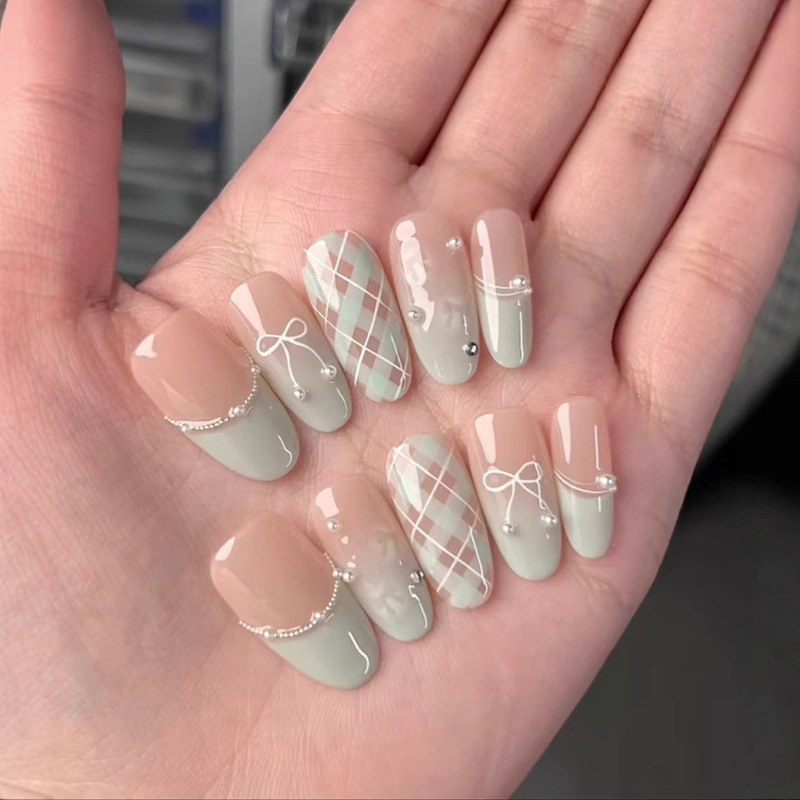 Spring and summer new sweet check cream green bow wearing nail sheet patch finished long oval wholesale