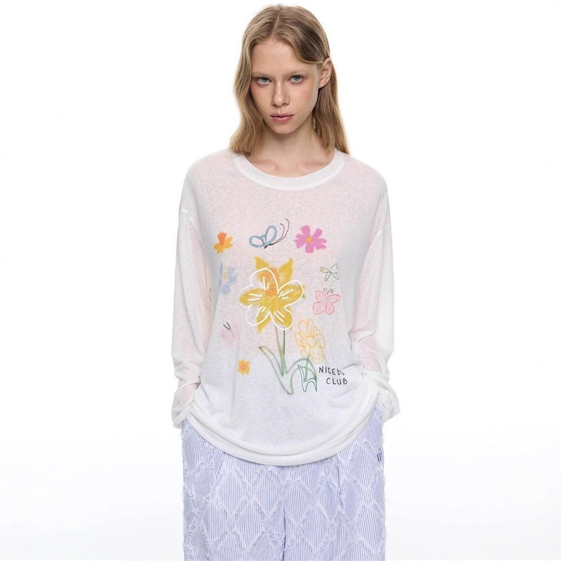 【Sun Protection Fabric】Relaxed and Casual Style Floral Print Long-Sleeve Women's Summer Thin Loose-Fitting Slimming Sun Protection Cover-Up