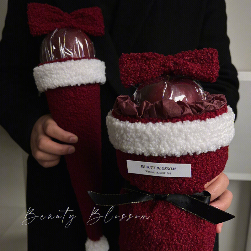 圣诞苹果花束包布纯色羊羔绒小香风布白色暗红水果板栗创意鲜花布