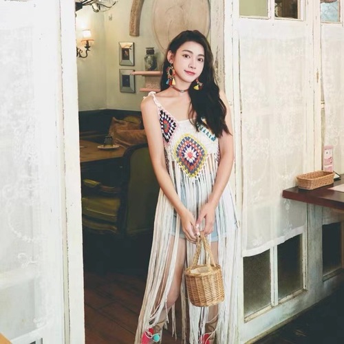 Ethnic Storm Semiyama Medium to Long Hand-woven Knitted Strap Fringe Lijiang Vacation Photo Blouse Women's