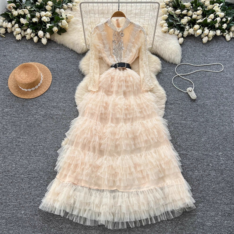 French-Style Light Luxury Socialite Heavy Sequin Embroidery Bead Waist-Cinching Mesh Puffy Dress for Women, Slimming and Elegant Long Dress