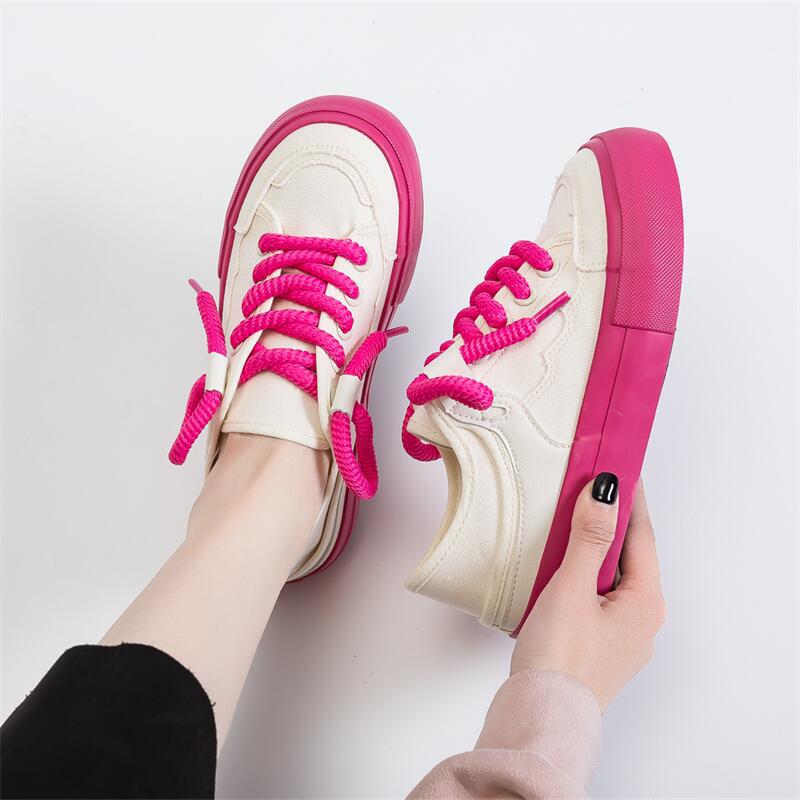 Yuanbo 2023 primavera y verano nuevos zapatos de lona transpirables mujeres estudiantes rosa rojo paso-en dos vías zapatos blancos femeninos top bajo