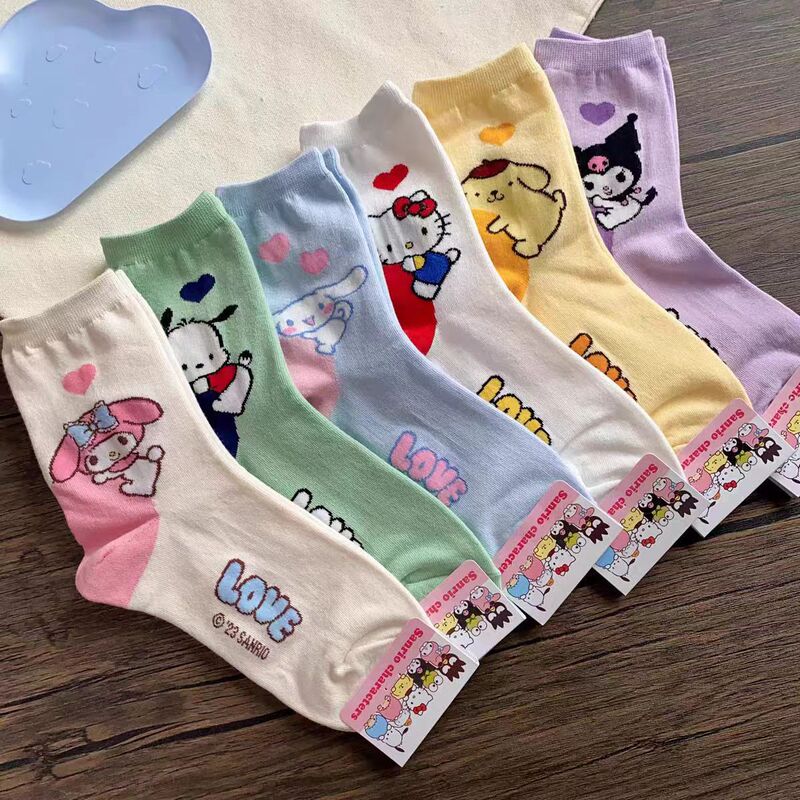 Children's Socks Sanrio Girls Cartoon Heel Pattern Socks Student Kuromi Melody Mid-Tube Anti-Slip Socks
