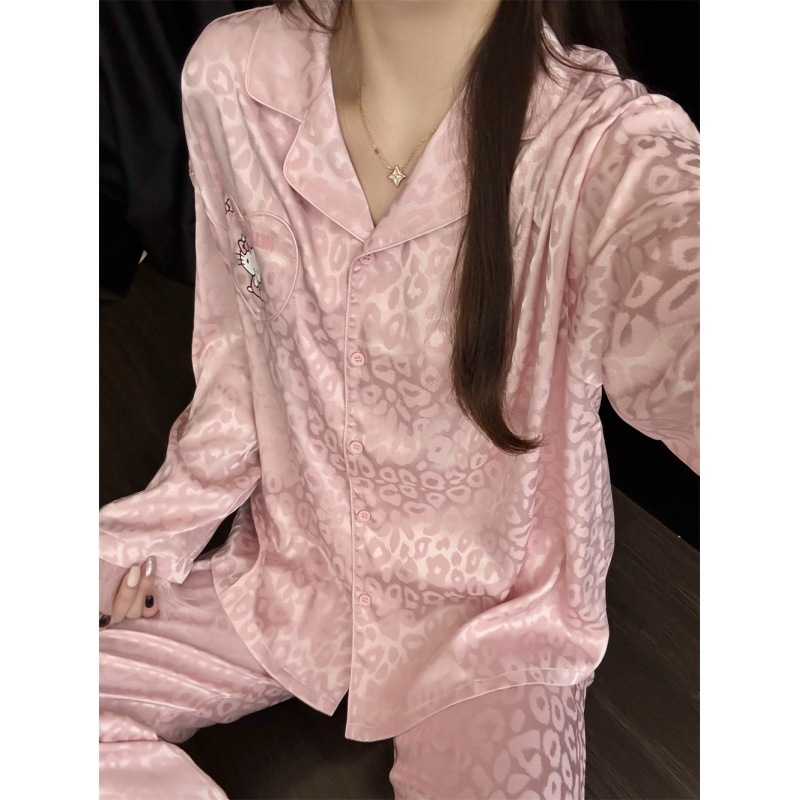 纯欲甜美卡通Kitty豹纹提花睡衣女秋季新款可爱粉宽松家居服套装|undefined