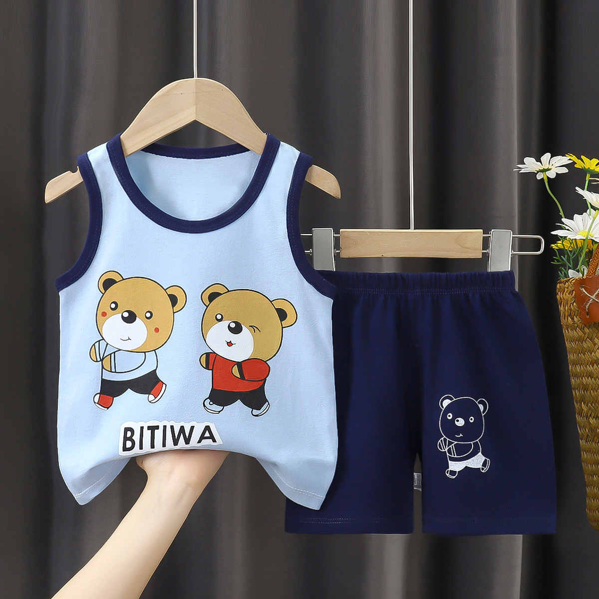 Traje de chaleco para niños, verano de algodón puro, nuevo estilo, verano para bebés, pantalones cortos coreanos, traje de dos piezas para niños