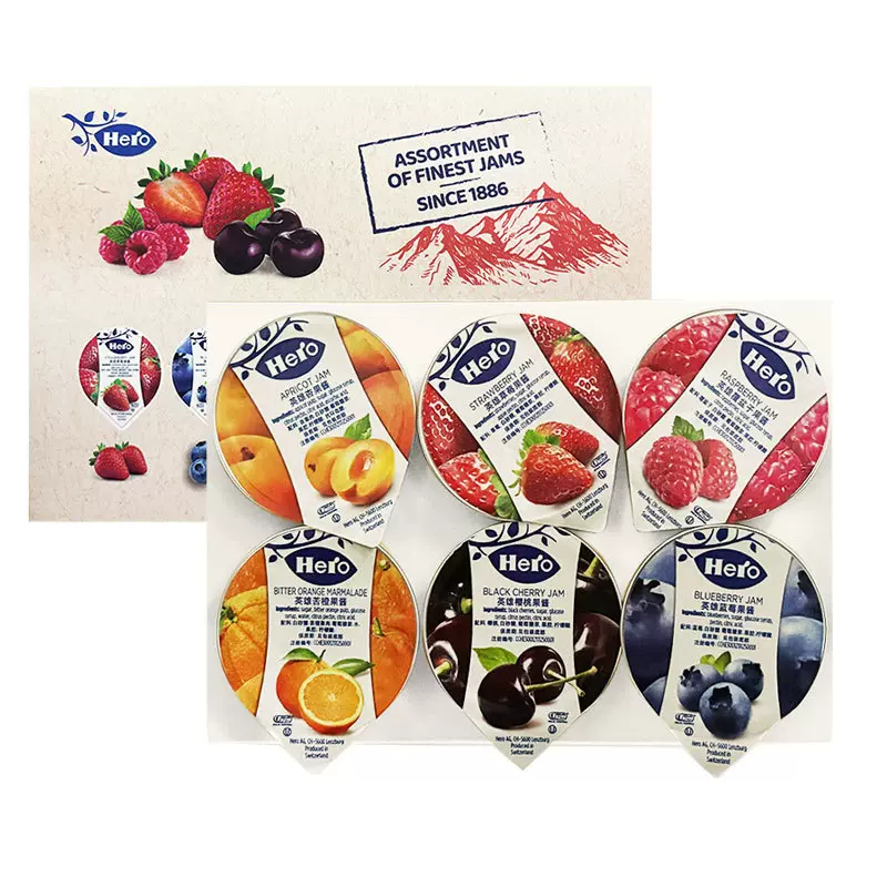 Hero英雄进口草莓橙子樱桃蓝莓甜杏覆盆子果酱6种口味组合体验装