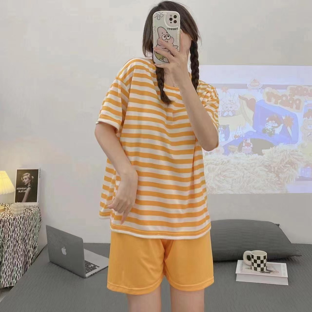 Conjunto de pijama de manga corta con cuello en V y almohadillas en el pecho, estilo nuevo para comercio transfronterizo, ropa de estar informal a rayas de verano para mujer.