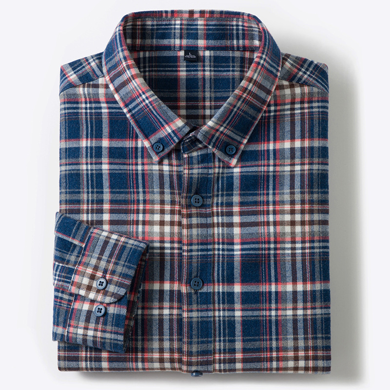 Autumn and Winter New Pure Cotton Brushed Long-Sleeved Shirts for Young and Middle-Aged Plaid Casual Business Men's Shirts Popular on Douyin