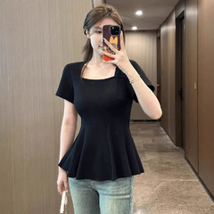 四角襟の肩の半袖の大きいサイズの純粋な欲のギャルの黒いtシャツの女性の夏の太っているmmは腹を遮ってやせている魚の尾の小さい上着を現します。