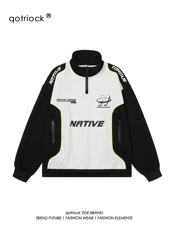 American Retro Letter Fashion Color a juego de carreras Suéter Marca de moda para hombres Chaqueta superior suelta de cuello alto de la calle