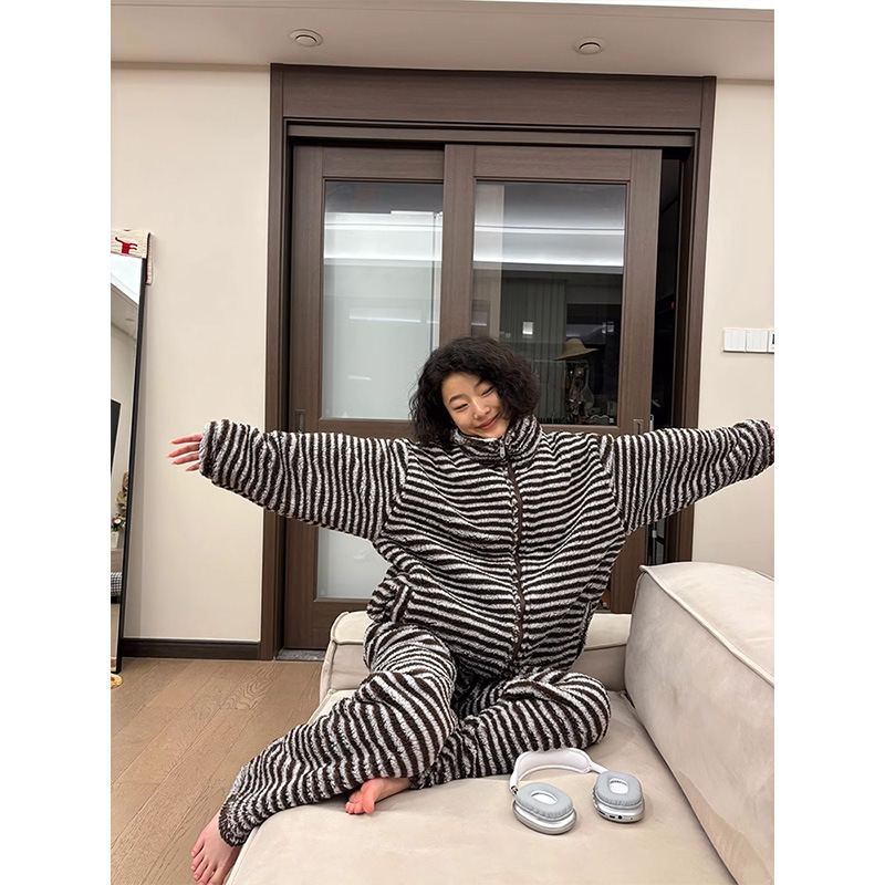 纯欲珊瑚绒睡衣女冬季新款加绒加厚保暖开衫长裤大码家居服套装|undefined