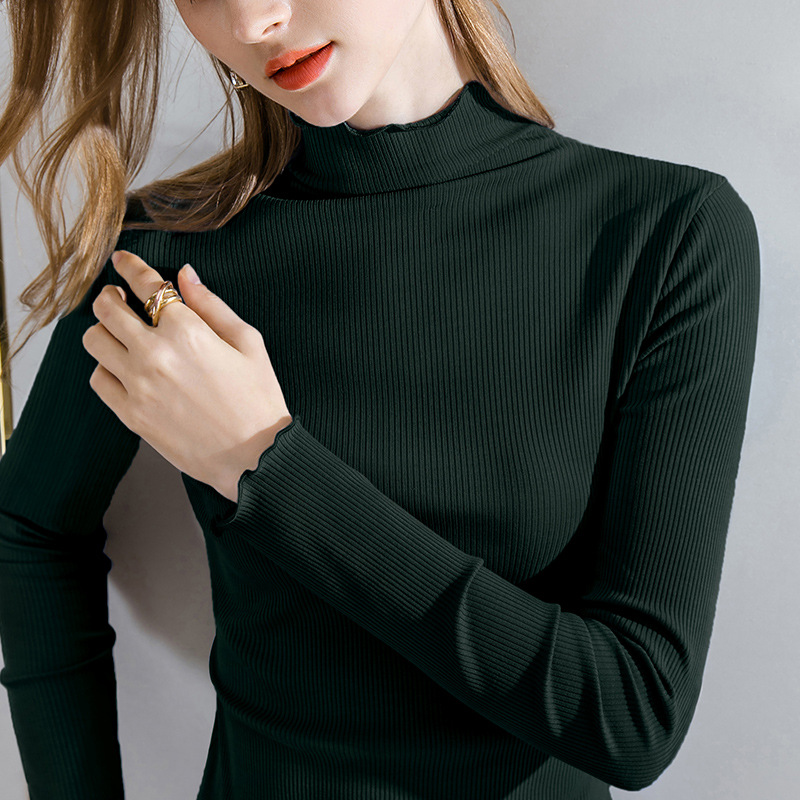Camiseta interior modal para mujer, cuello medio alto, ropa de mujer 2024, efecto rejuvenecedor, borde con volantes, ropa interior para otoño e invierno, top ajustado a la cintura con mangas con volantes.