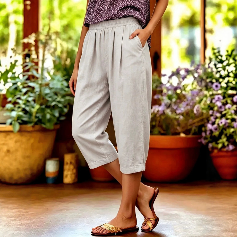 2026 European and American Cross-Border Amazon New Cotton and Linen Women's Loose Simple Fashion Elegant Straight-Leg 7/8 Pants for Women
