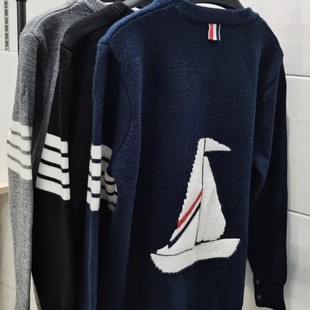 Autumn and Winter New Classic British Sailboat Pattern Sweater Four Bar Crewneck Sweater Trendy Brand Men's and Women's Same Style
