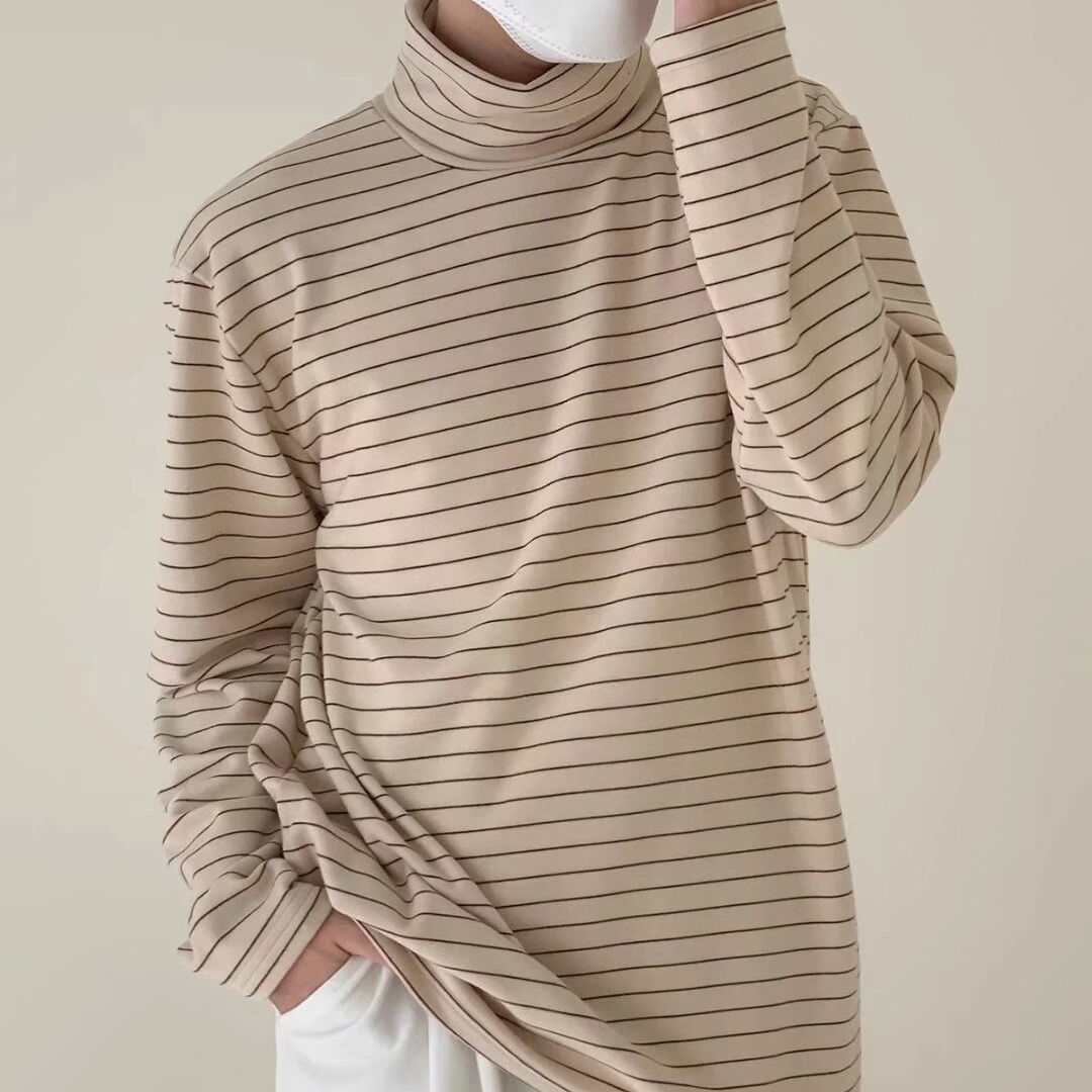 가을과 겨울 두껍게 된 높은 칼라 스트라이프 바닥 셔츠 남성용 드 벨벳 따뜻한 간단한 내부 긴 소매 티셔츠 탑 옷