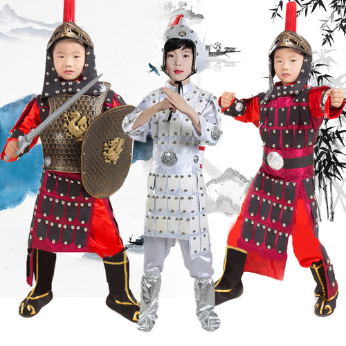 Children boys chinese ancient mulan ancient soldiers recitation sacred costumes Yang warrior general yue fei armour swordsman performance clothing