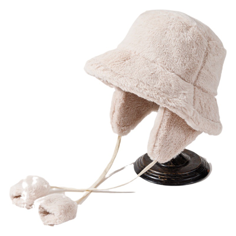 Orejeras sombrero de pescador para las mujeres otoño e invierno nuevo color sólido cálido sombrero extraíble felpa Imitación Piel de conejo estilo japonés sombrero de la cuenca