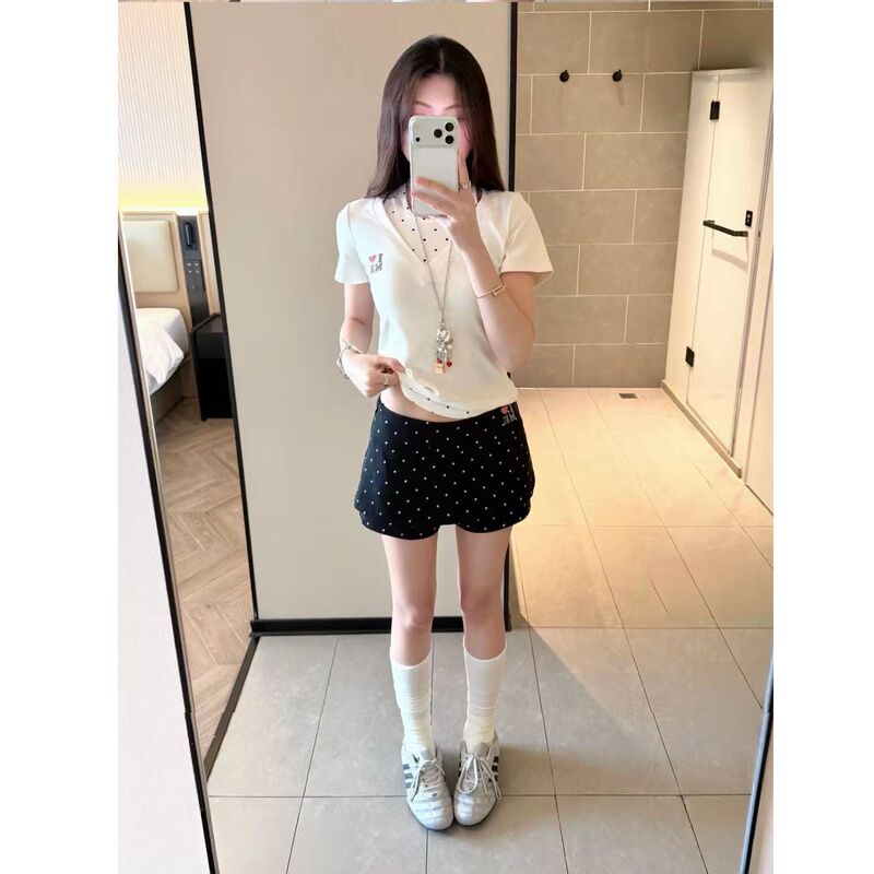 Korean Style Casual Sports Suit for Women, Summer Polka Dot Shoulder-Length Fake Two-Piece Short-Sleeved Shirt, Fashionable Skirt and Pants Two-Piece Set Korean Style Casual Sports Suit for Women, Summer Polka Dot Shoulder-Length Fake Two-Piece Short-Sleeved Shirt, Fashionable Skirt and Pants Two-Piece Set
