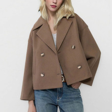 2025秋季新款欧美风女装时尚气质通勤翻领双排扣短款毛呢外套