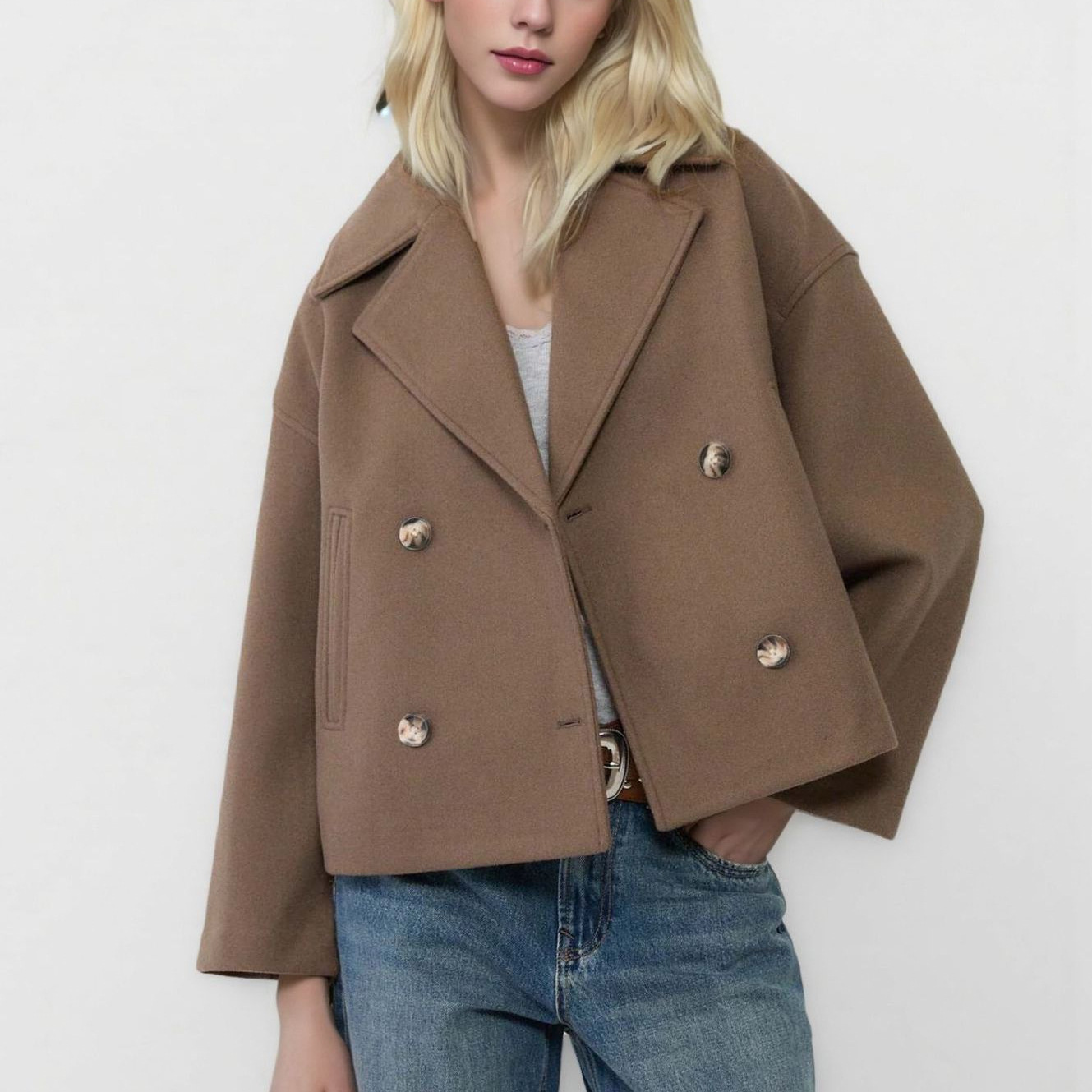 2025秋季新款欧美风女装时尚气质通勤翻领双排扣短款毛呢外套