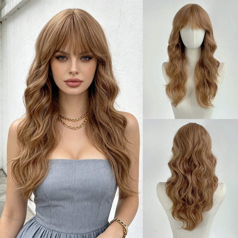 Cross-Border Hot-Selling Full Bangs Caramel Brown Long Wavy Hair European and American Synthetic Fiber Wig for Women Wholesale from Manufacturer Cross-Border Hot-Selling Full Bangs Caramel Brown Long Wavy Hair European and American Synthetic Fiber Wig for Women Wholesale from Manufacturer