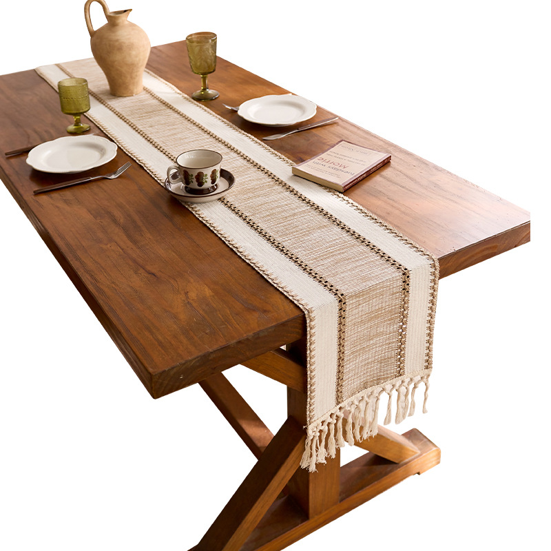Banderas de mesa anchas de color café transfronterizo, algodón y lino a juego, borlas huecas anudadas, decoración de mesa, mesa de comedor, mesa de centro, armario de zapatos, mantel image 6