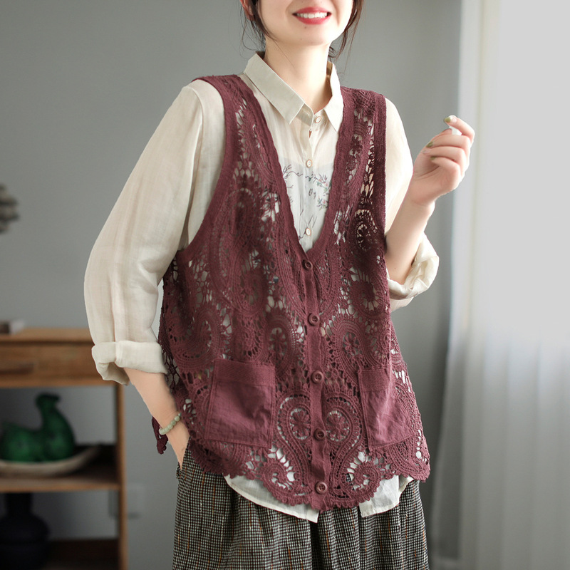 Ancient Cafe Clothing Spring and Summer Vintage Fried Color Cotton Hollow Vest Women's Artistic Lace Outer V-neck Loose Cardigan