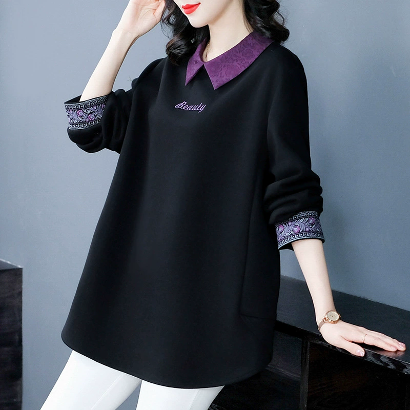 2024 весна новый стиль Толстая девушка Повседневный свободный тяжелый свитер с лацканами больших размеров с вышивкой одежда для мам среднего и пожилого возраста