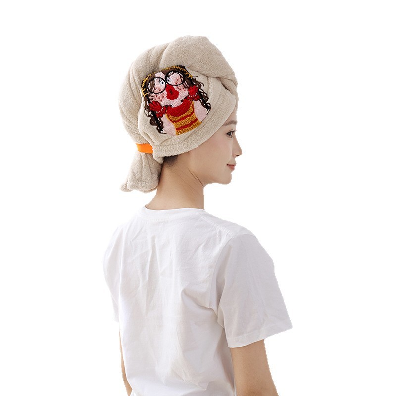 女性用のかわいい刺繍入りヘアドライキャップ、吸水性、速乾性、ヘアドライタオル、厚みのあるコーラルベルベットの漫画ターバン、シャワーキャップ|undefined