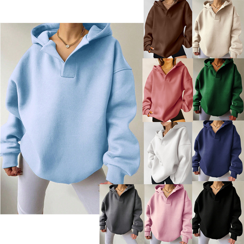 Autumn and Winter 2025 Amazon Cross-border European and American Women's Sweatshirt Solid Color Long Sleeve Hooded Solid Color Loose Sweatshirt Women's Top