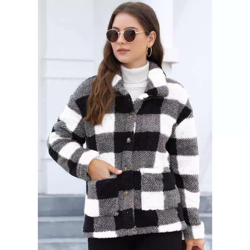 Cross-Border European and American Style Plaid Plush Outwear Patch Pocket Versatile Long-Sleeved Winter Fashion Casual Jacket