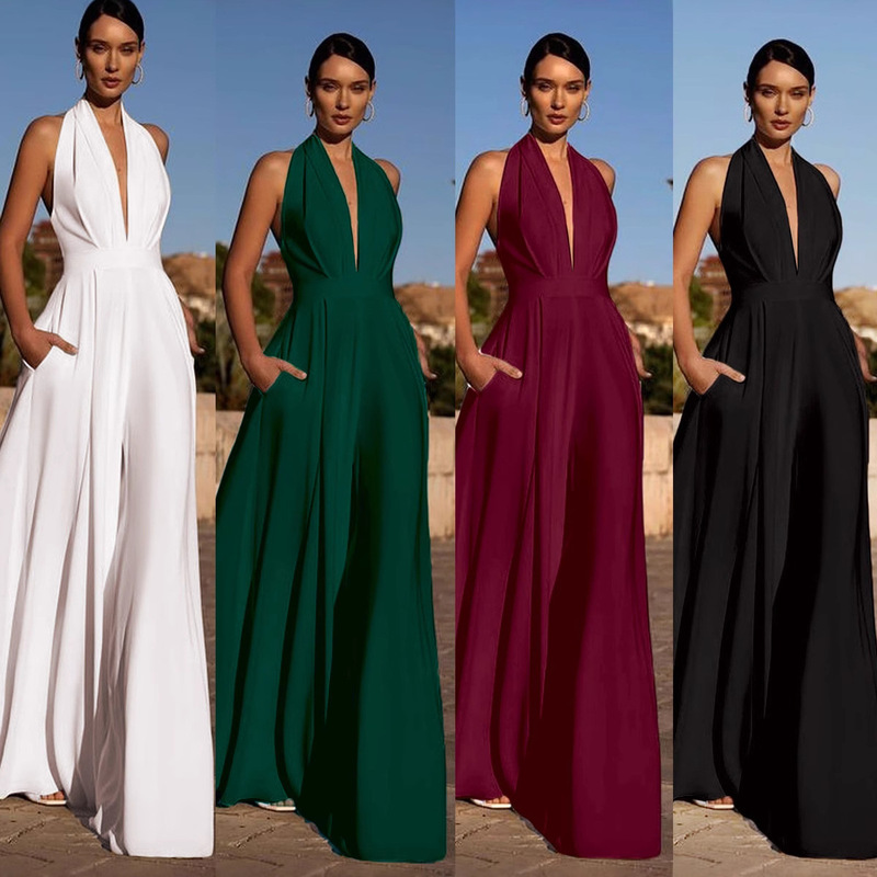 746W Jumpsuit European and American Export Women's Clothing Popular Sleeveless Halter Neck Jumpsuit Solid Color V-Neck Wide-Leg Pants