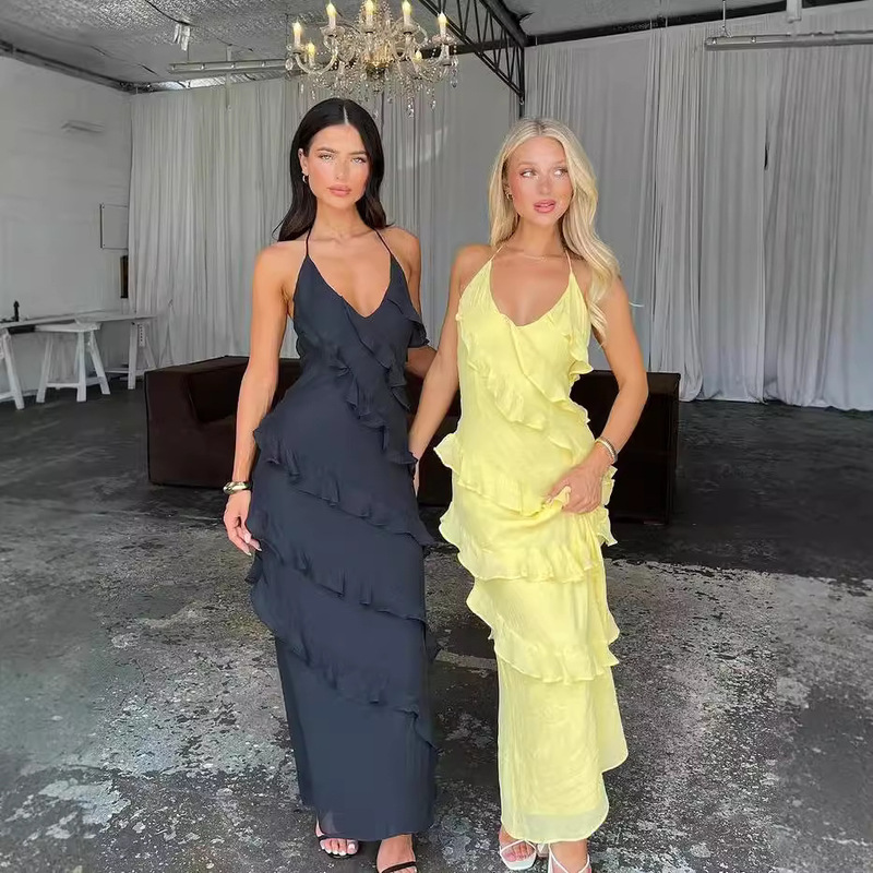 2024 Autumn Amazon Cross-Border Women's Hot Solid Color Sleeveless Halter Neck Strap Multi-Layered Ruffle Dress 2024 Autumn Amazon Cross-Border Women's Hot Solid Color Sleeveless Halter Neck Strap Multi-Layered Ruffle Dress