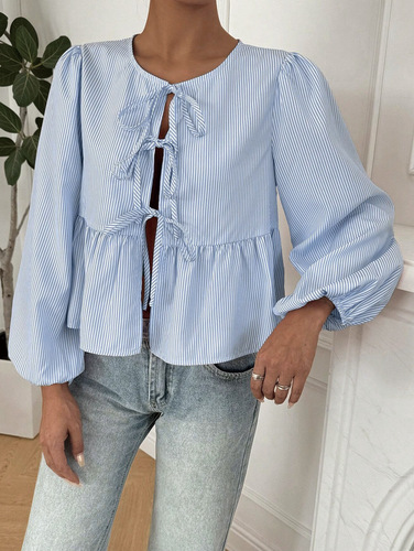 Women's striped front-laced long-sleeved casual top