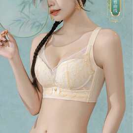 无磁7769#柔美网纱蕾丝文胸34-40中厚B杯聚拢侧收四排扣内衣批发