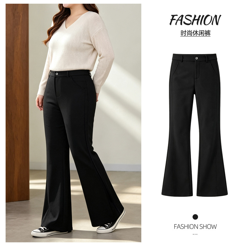 Plus-size women's fall/winter 2026 new style high-waisted elastic black suit flared trousers for pear-shaped body Plus-size women's fall/winter 2026 new style high-waisted elastic black suit flared trousers for pear-shaped body