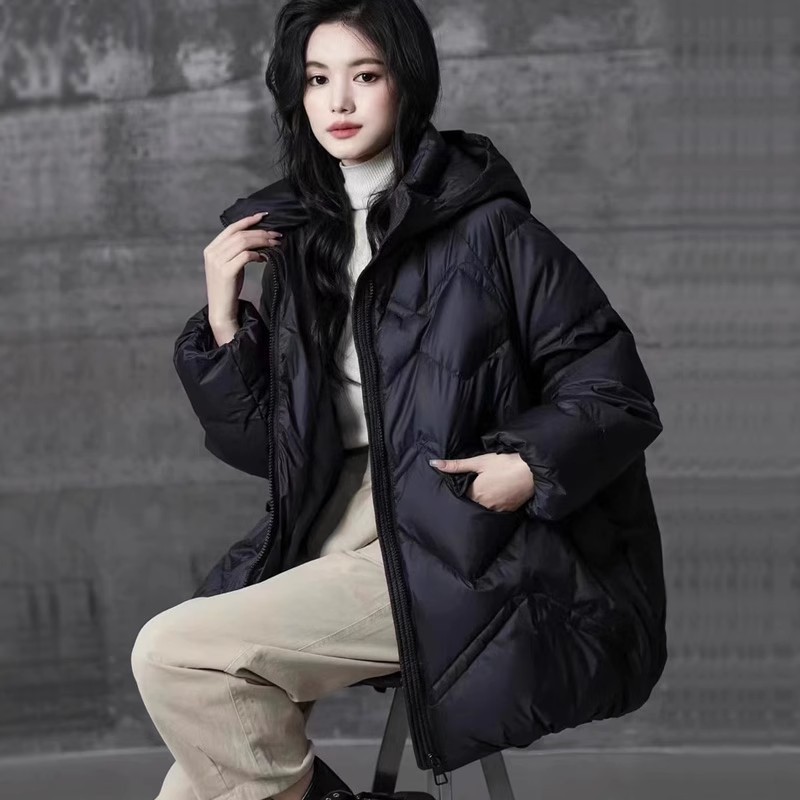 跨境秋冬韩版宽松减龄大码加厚保暖连帽白鸭绒羽绒服女中长款外套|undefined