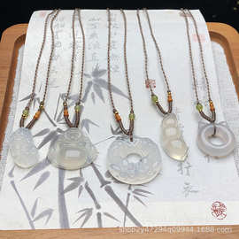 天然高冰白玛瑙佛公吊坠玉髓树叶玉坠挂件男女项链毛衣链玉佩批发