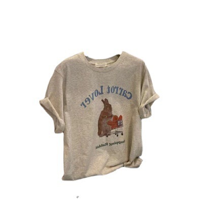 Gray Print High-End Women's T-Shirt 2025 Summer Loose Unisex Cute Rabbit Short-Sleeve Top