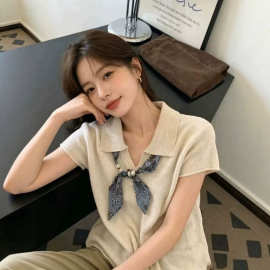 老钱风气质polo领短袖上衣女夏季新款设计感修身显瘦冰丝针织衫潮