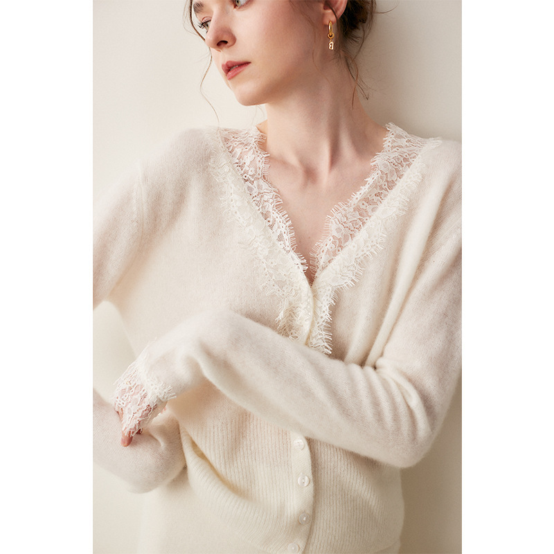 Lace Cashmere Cardigan Women's V Neck Short Sweater Jacket Knitted Wool Cardigan Long-Sleeved Autumn and Winter New Style