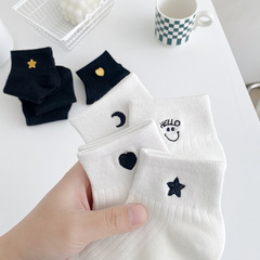 襪子女春夏季薄款刺繡女短襪黑色學生短筒棉襪日系ins潮透氣批發
