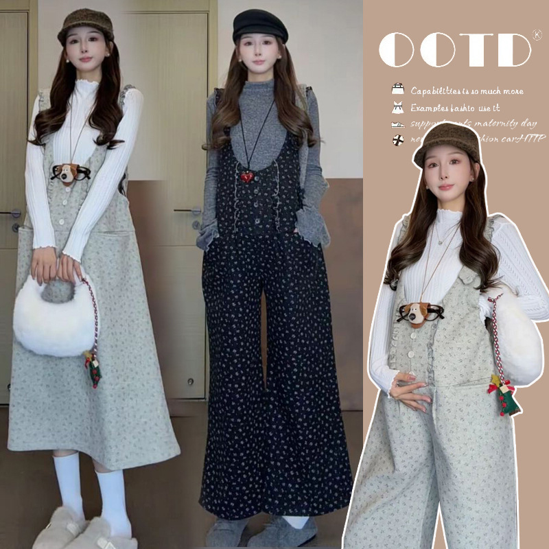 Maternity Wear 2025 Winter Korean Style Cute Cartoon Floral Overalls Maternity Casual Overalls Dress