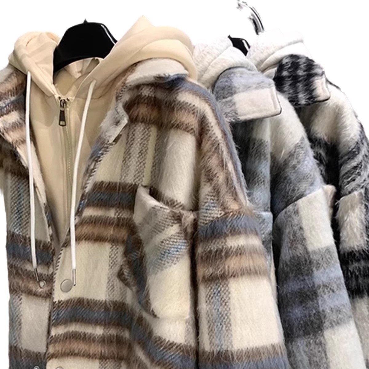 Nuevo estilo americano otoño e invierno falso chaqueta a cuadros de dos piezas para hombres, chaqueta con capucha de estilo de pareja de fragancia pequeña de alta gama para hombres
