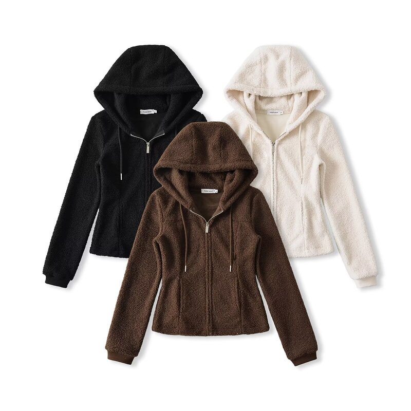 2024 autumn and winter new pure sweet hot girl ant waist hooded teddy velvet coat jacket cardigan women