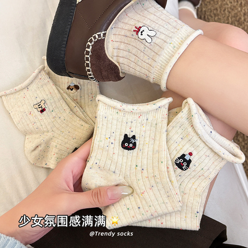 Women's Summer Thin Short Socks, Trendy and Versatile, Mesh Cartoon Embroidery, Rolled Edge, Cotton Socks Women's Summer Thin Short Socks, Trendy and Versatile, Mesh Cartoon Embroidery, Rolled Edge, Cotton Socks
