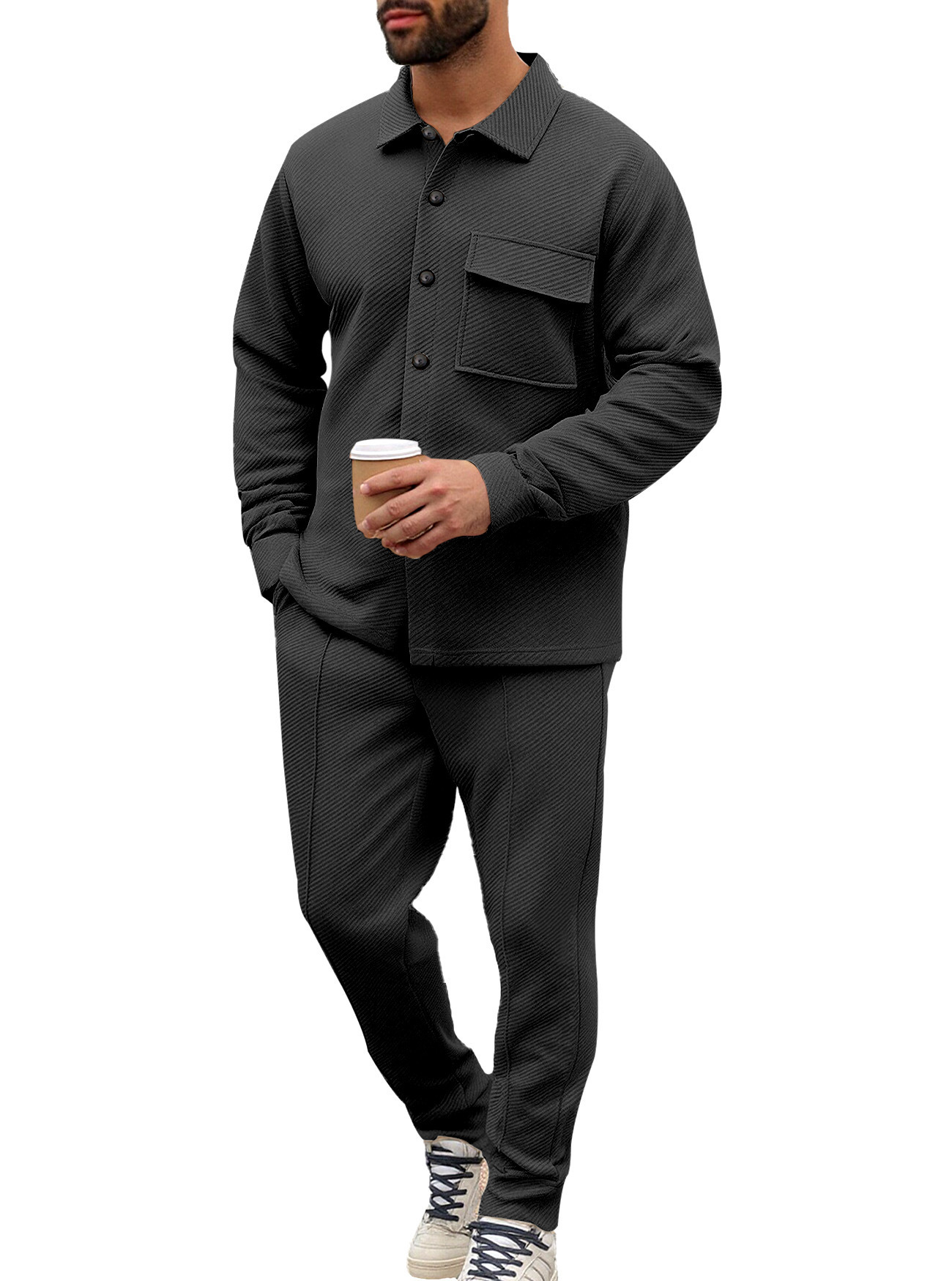 Europa y los Estados Unidos transfronterizos Amazon otoño y invierno casual hombre con solapa camisa de manga larga cardigan de botón único chaqueta de color sólido set