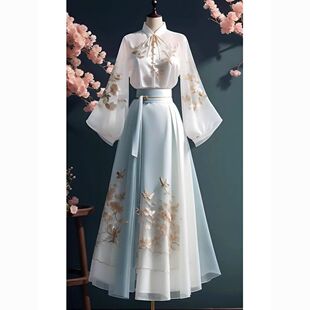 New Chinese Style Chinese Style Zen Chinese Element Blue Dress Children's Ancient vintage Autumn Dress with a Complete Set