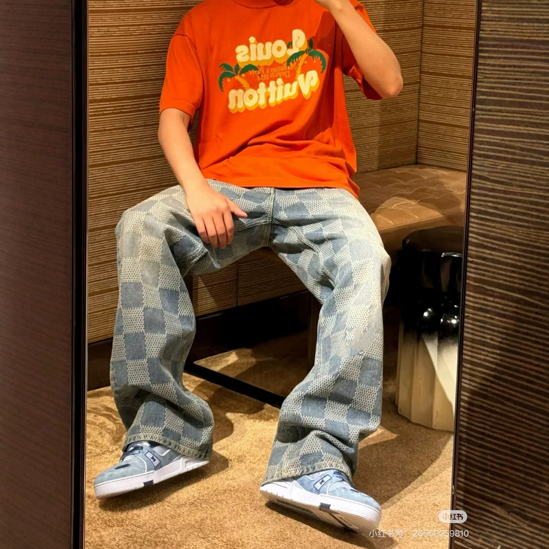 Authentic High-End Version of Lv Cross-Border Fashion Brand Spring and Autumn Retro Straight-Leg Denim Pants for Men and Women, Casual and Simple Authentic High-End Version of Lv Cross-Border Fashion Brand Spring and Autumn Retro Straight-Leg Denim Pants for Men and Women, Casual and Simple