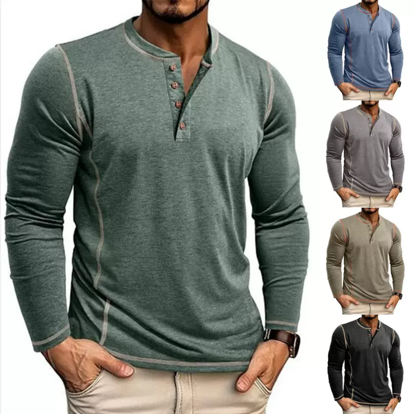 2025夏季新款亚马逊独立站跨境欧美长袖立领t恤男士衬衫上衣白色